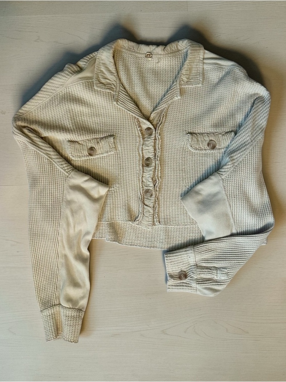 Free People Cropped Waffle Shirt Cream Size M - Picture 1 of 6